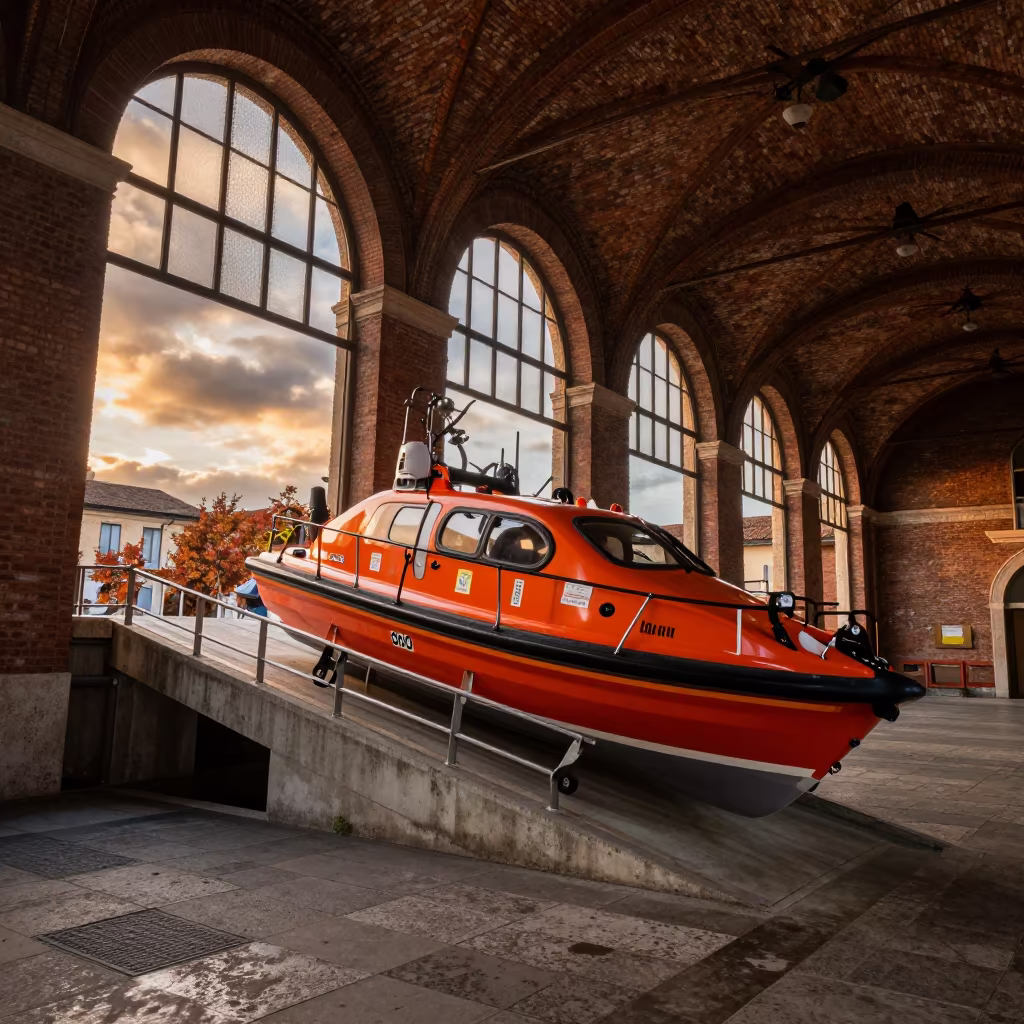 Lifeboat Launch from Verona Train Station Ramp in inside a restored train terminal near Verona