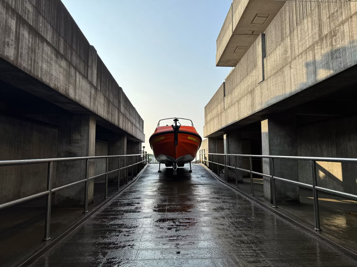 Lifeboat Launching Down Concrete Ramp in Mangalore in inside a ribbed concrete lobby in Mangalore