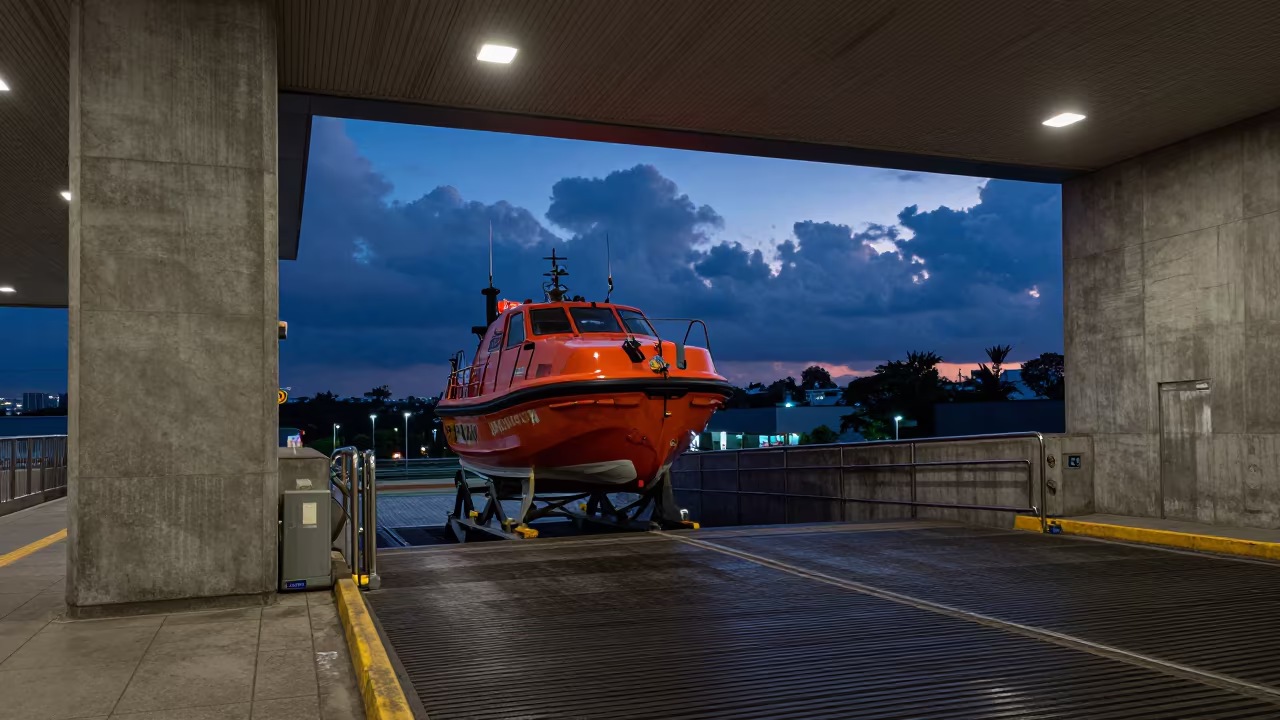 Lifeboat Launching From Concrete Station Ramp in inside a ribbed concrete lobby near Bago