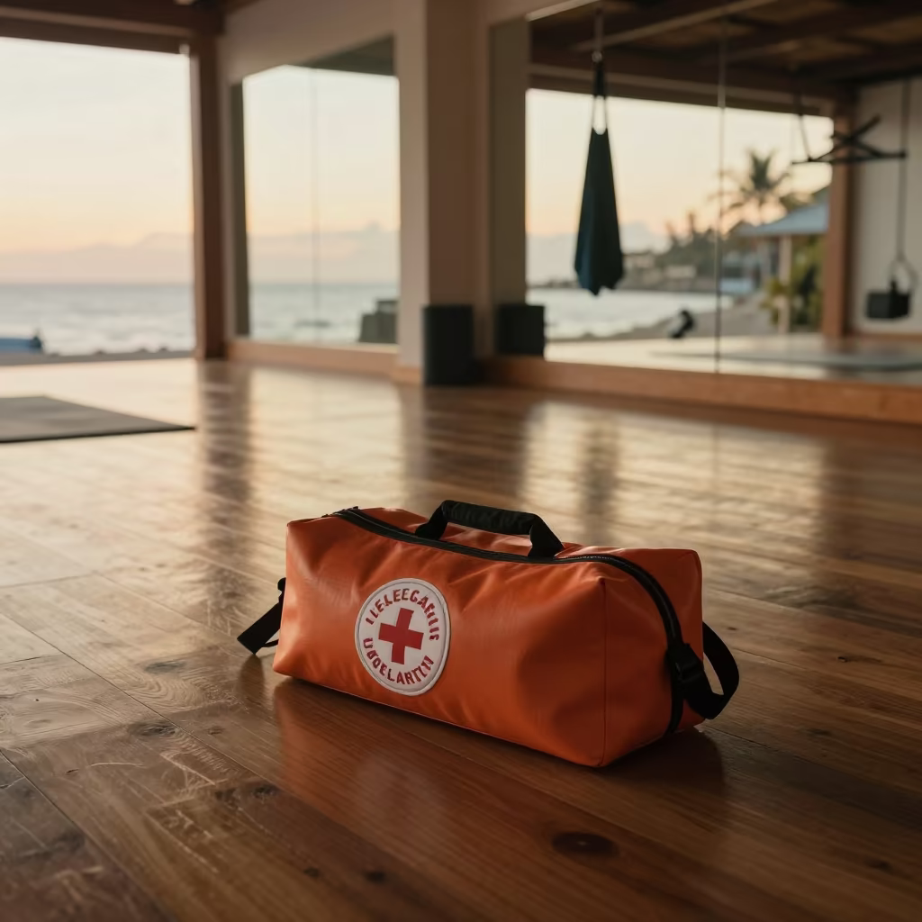 Lifeguard Rescue Kit on Yoga Studio Floor in inside a yoga studio before the session begins in Stone Town
