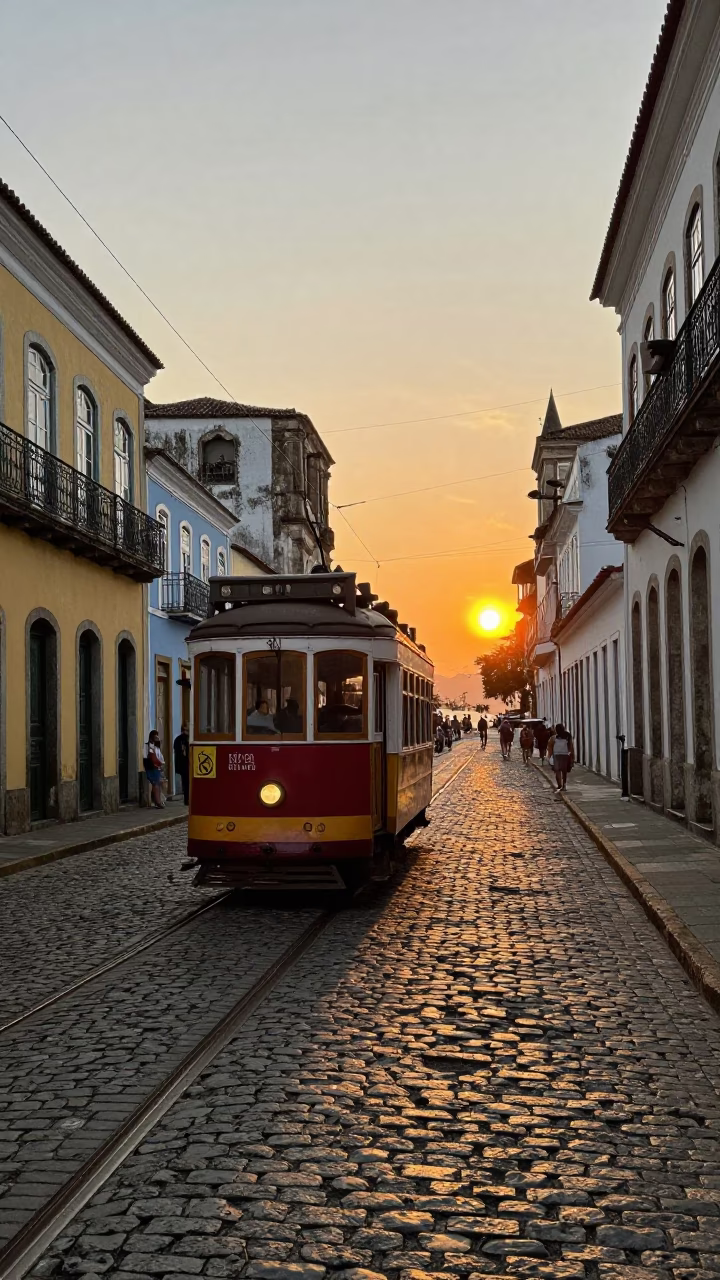 Lifelong Residents Riding Vintage Trams Along Cobblestone Streets in Salvador Brazil at Sunset in in Salvador, Brazil