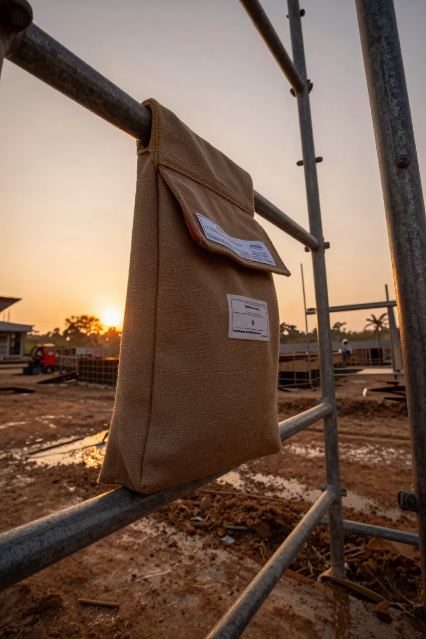 Lift Inspection Pouch on Kenya Scaffold at Sunset in along a scaffolded facade in Kenya