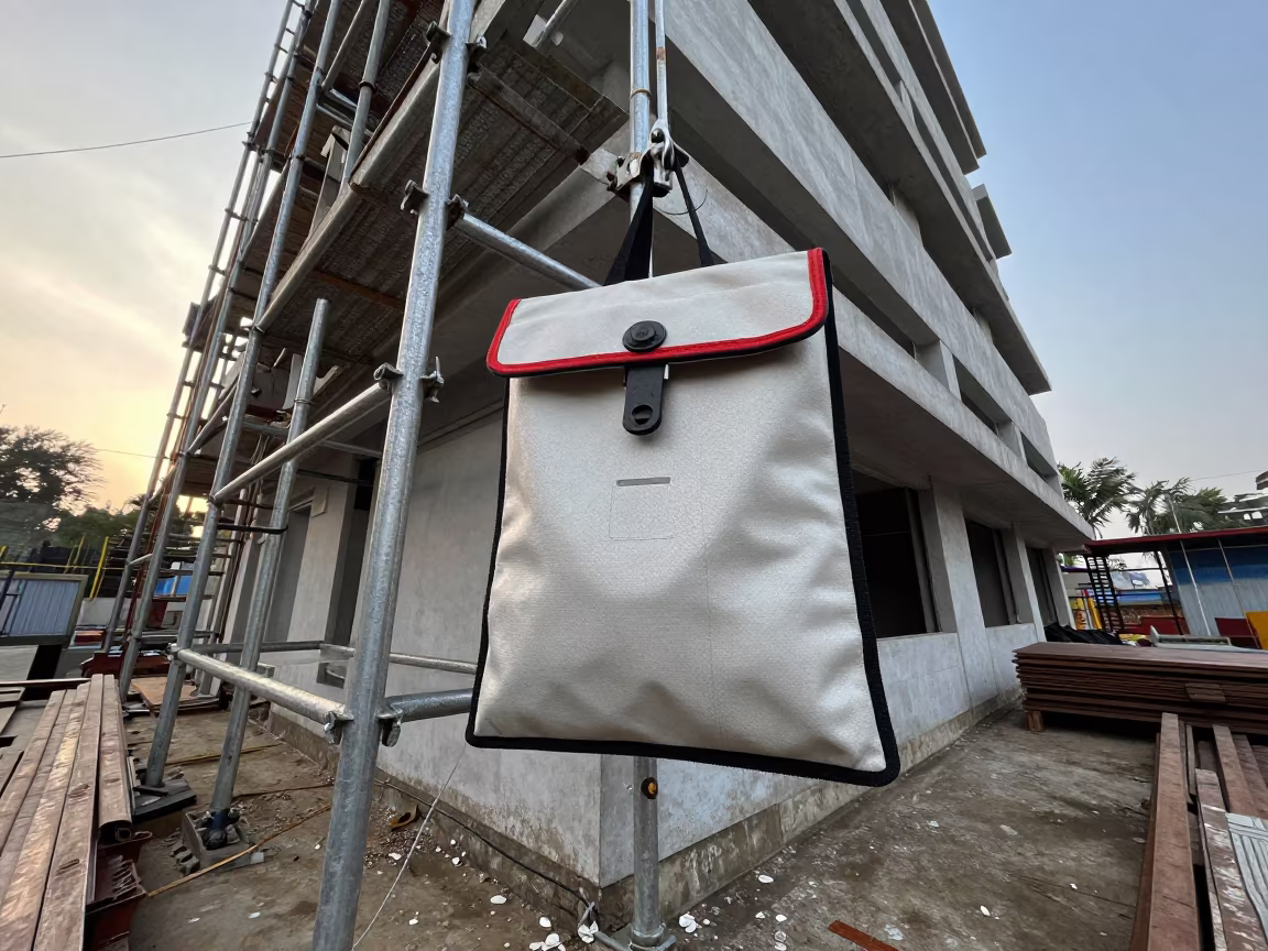 Lift Inspection Pouch on Scaffolding Before Dawn in along a scaffolded facade in Chhattisgarh