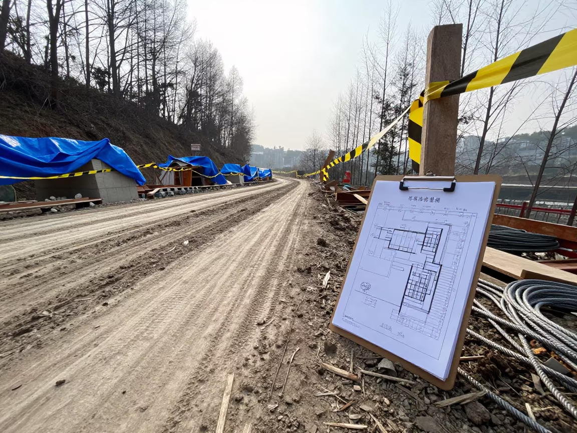 Lift Plan Clipboard on Chongqing Construction Road in at a muddy site access road in Chongqing