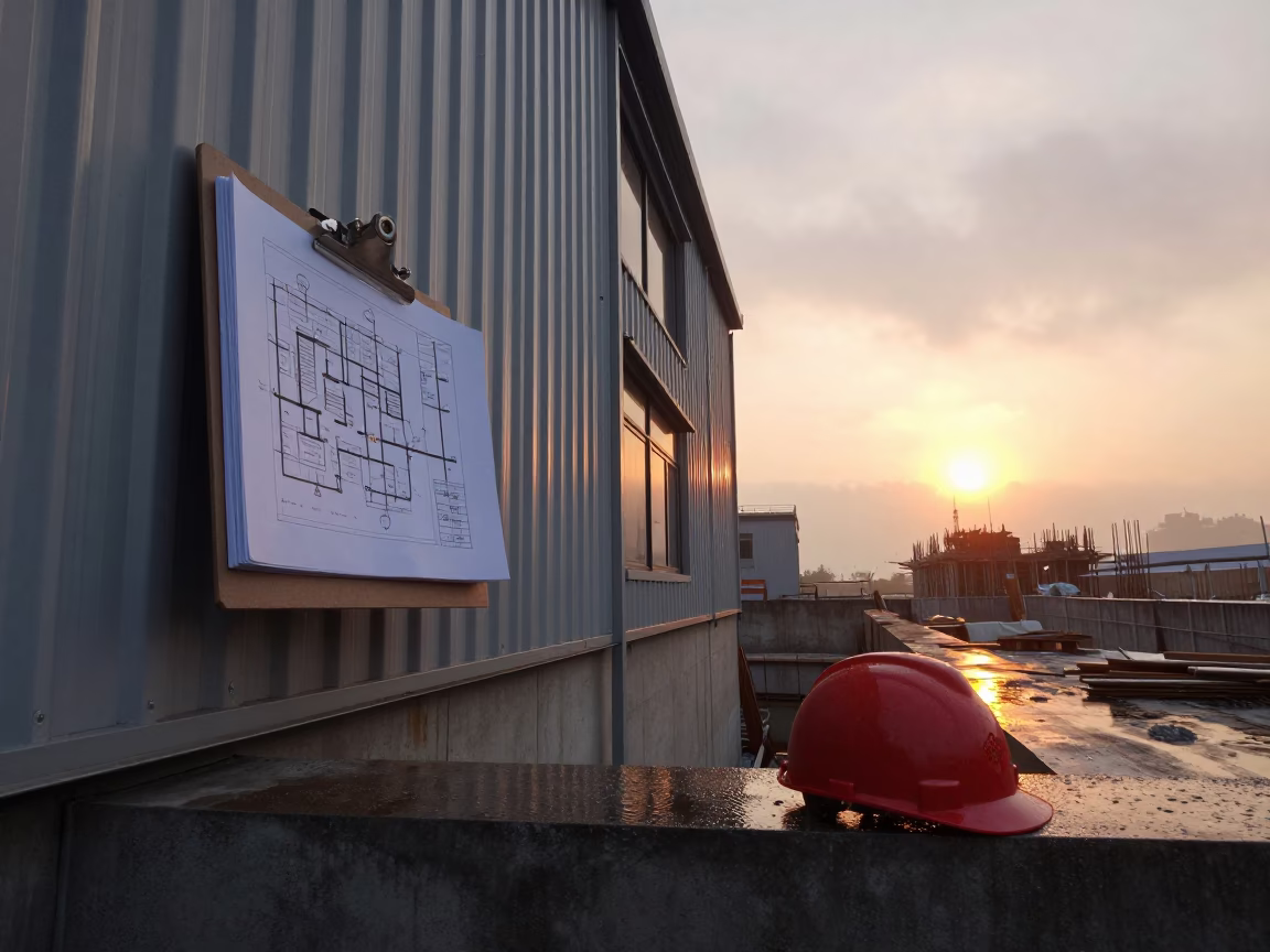 Lift Plan Clipboard on Construction Wall at Sunset in beside a framed building shell near Xiamen