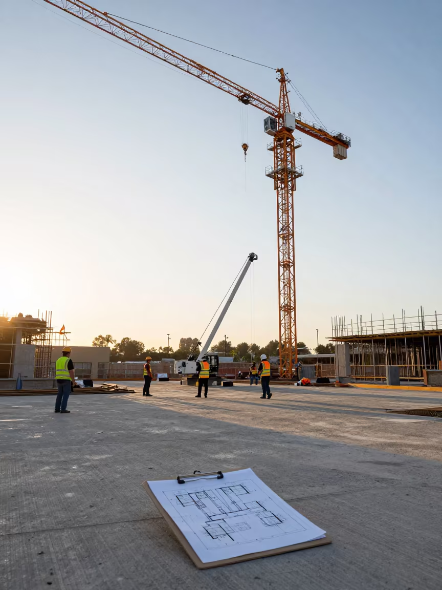 Lift Plan Clipboard on Crane Base at Dawn in beneath a tower crane on open ground in Victoria