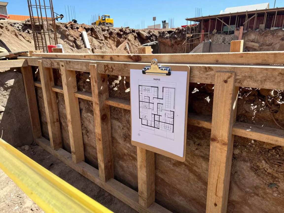 Lift Plan Clipboard on Excavation Wall Hermosillo in inside a taped-off excavation edge in Hermosillo