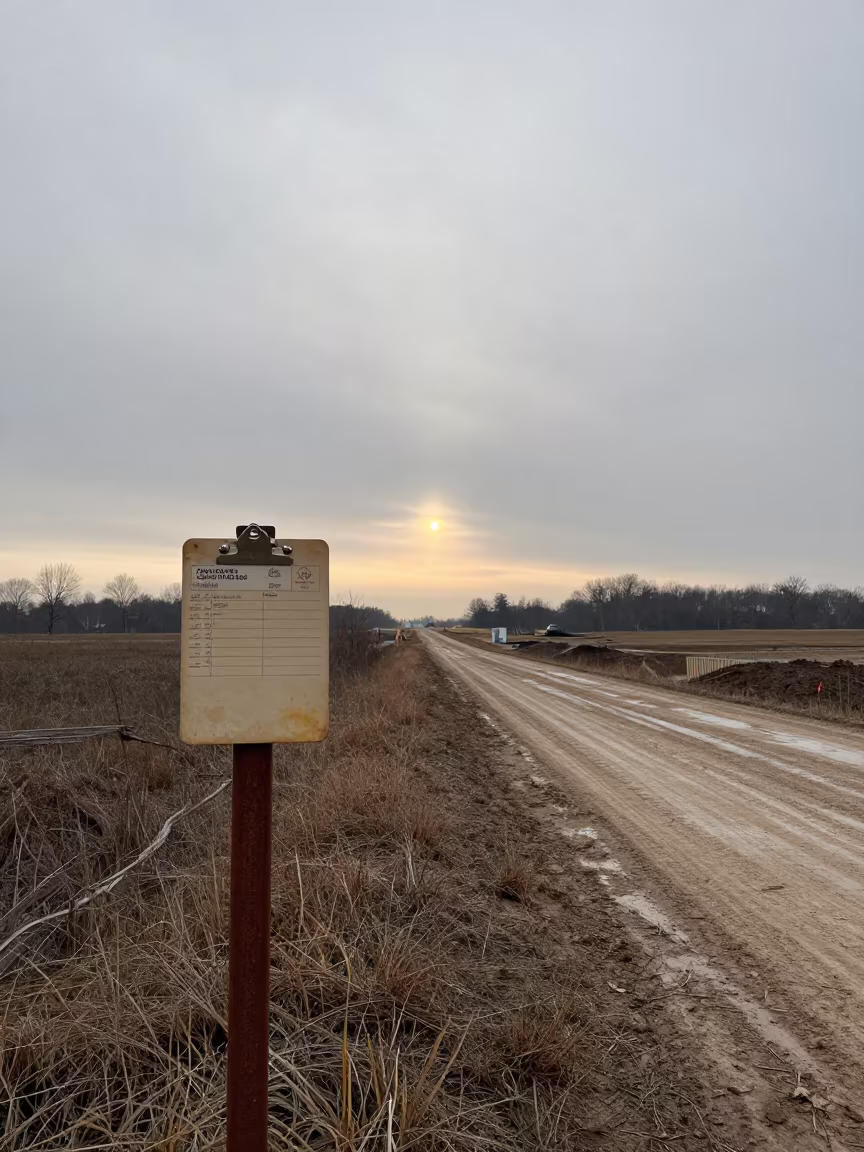 Lift Plan Clipboard on Muddy Construction Road in at a muddy site access road near Carrollton