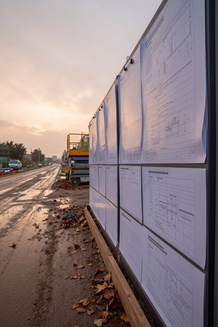 Lift Plan Clipboard Wall Hefei Site Late Autumn in at a muddy site access road near Hefei