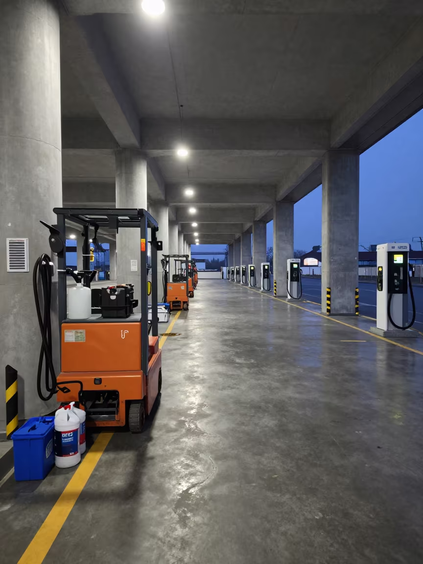 Lift Truck Charging Zone Busan Warehouse Evening in at a fulfillment packing station in Huinnyeoul, Busan