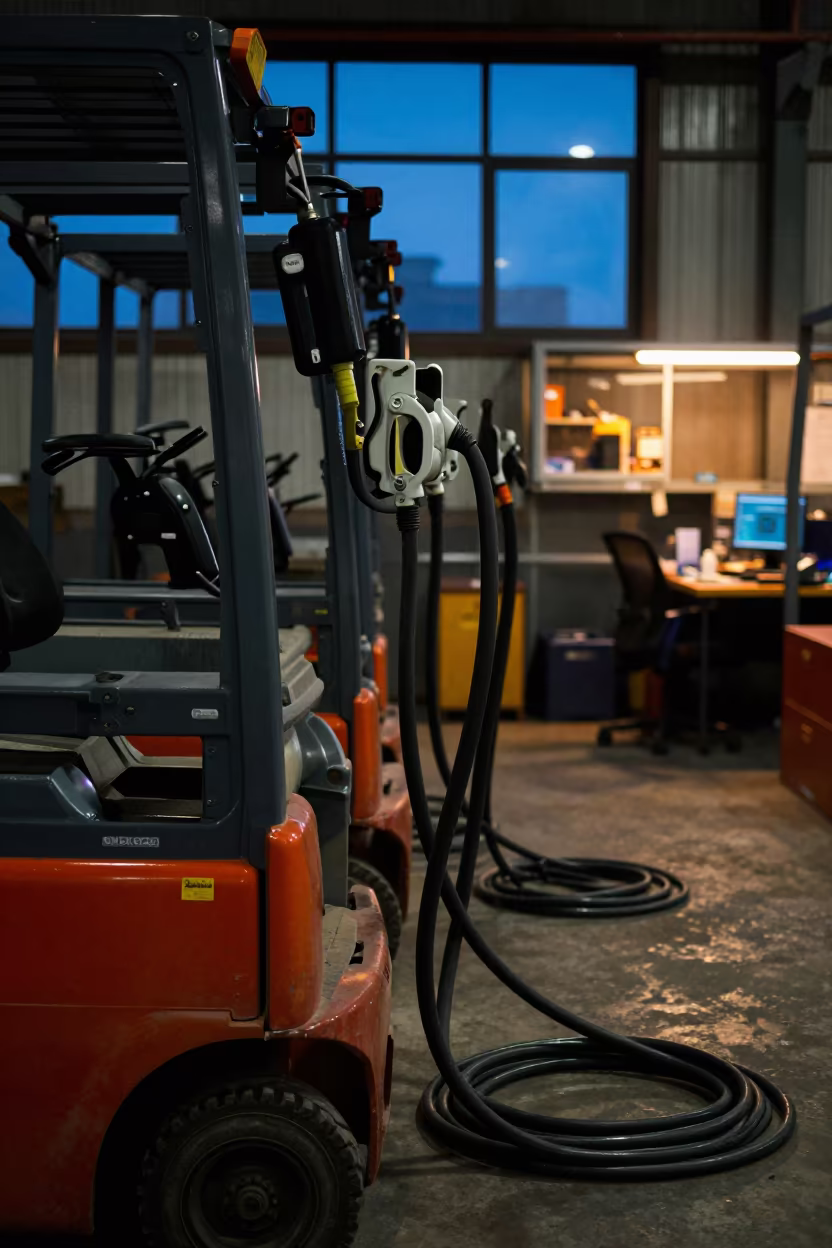 Lift Trucks Charging in Monsoon Evening Light in inside a dispatch office above the dock near Chittagong