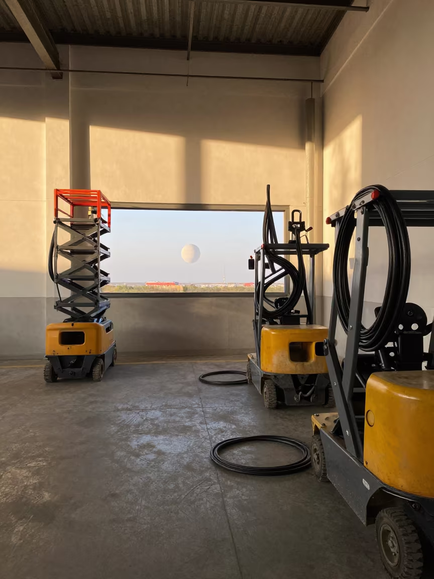 Lift Trucks Charging Under Ringed Planet in at a fulfillment packing station in Faro