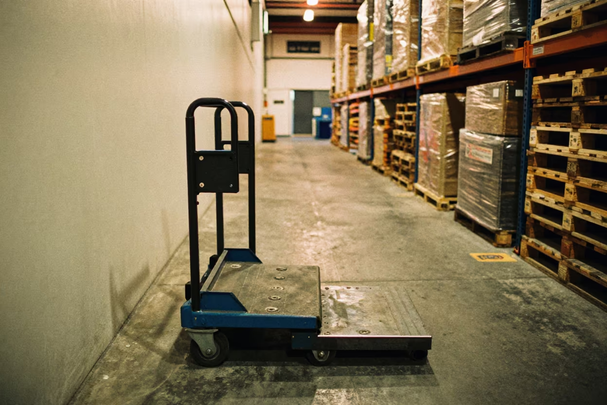 Liftgate Cart in East London Warehouse Before Dawn in inside a warehouse aisle in East London