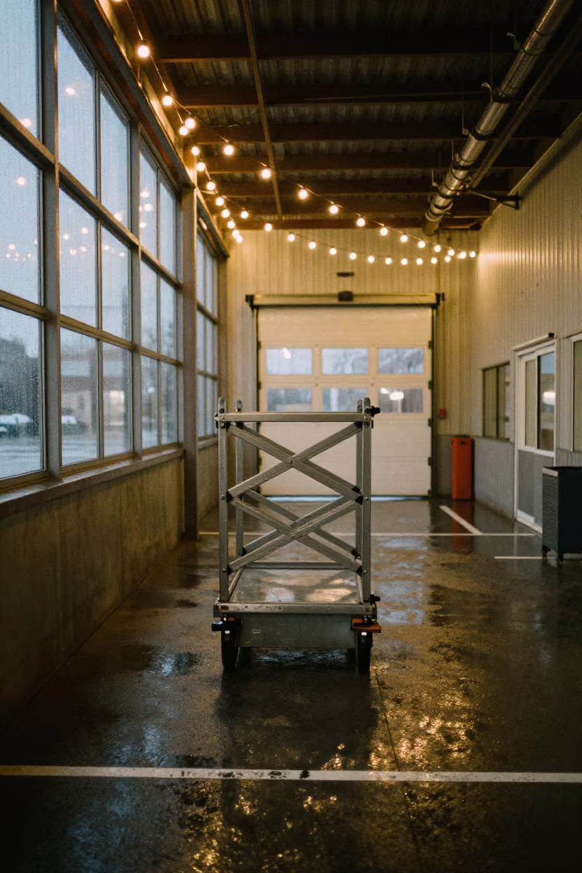 Liftgate Cart in Zaria Warehouse Before Dawn in inside a warehouse aisle in Zaria
