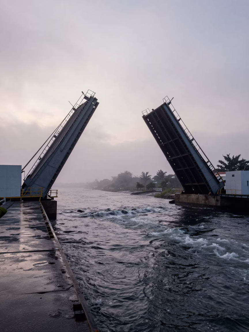 Lifting Drawbridge Over Sulawesi Tidal Channel at Dawn in beside a bridge pier above moving water in Sulawesi