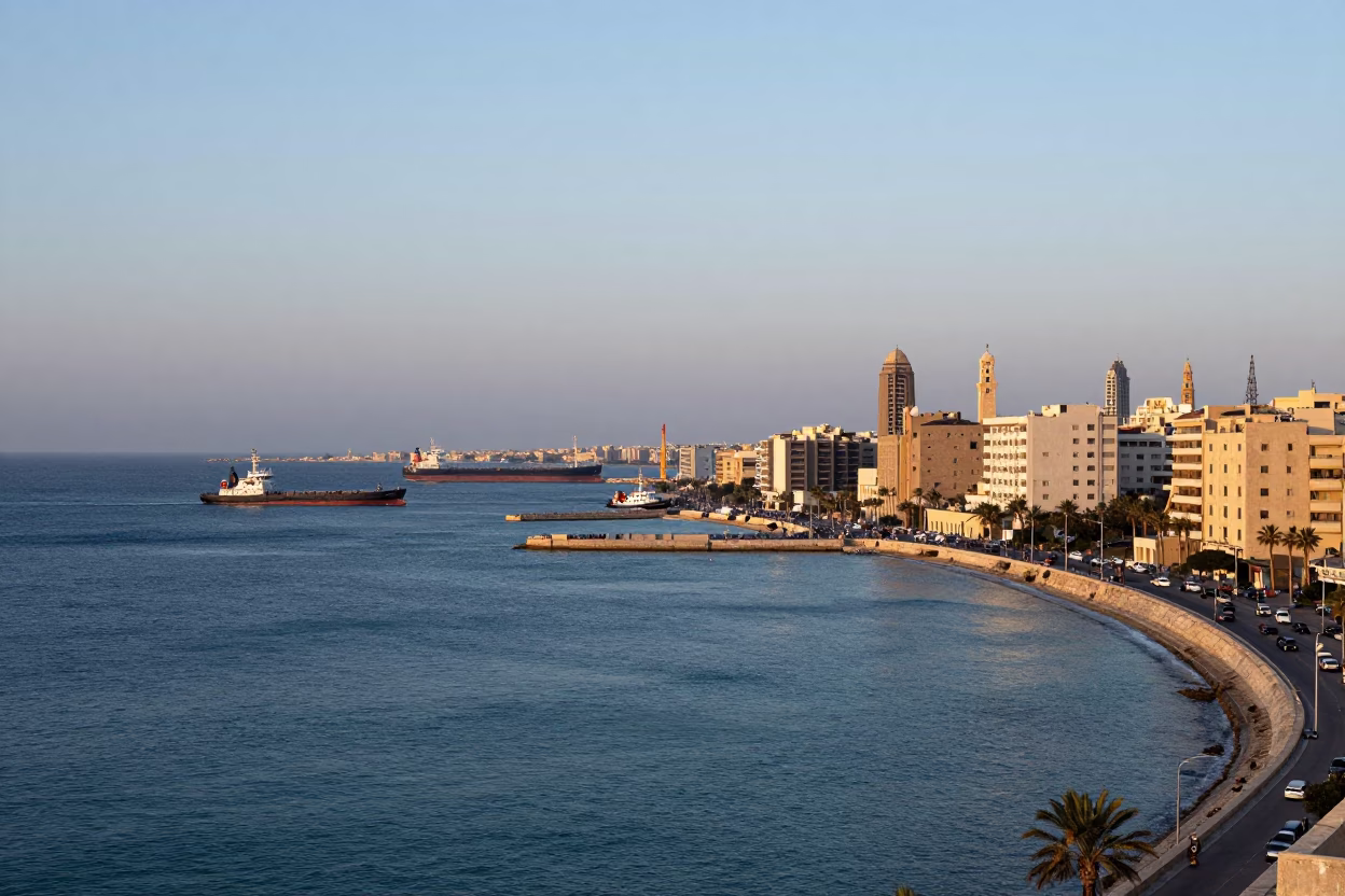 Light Corniche in Alexandria at Nautical Dawn Light in in Alexandria, Egypt