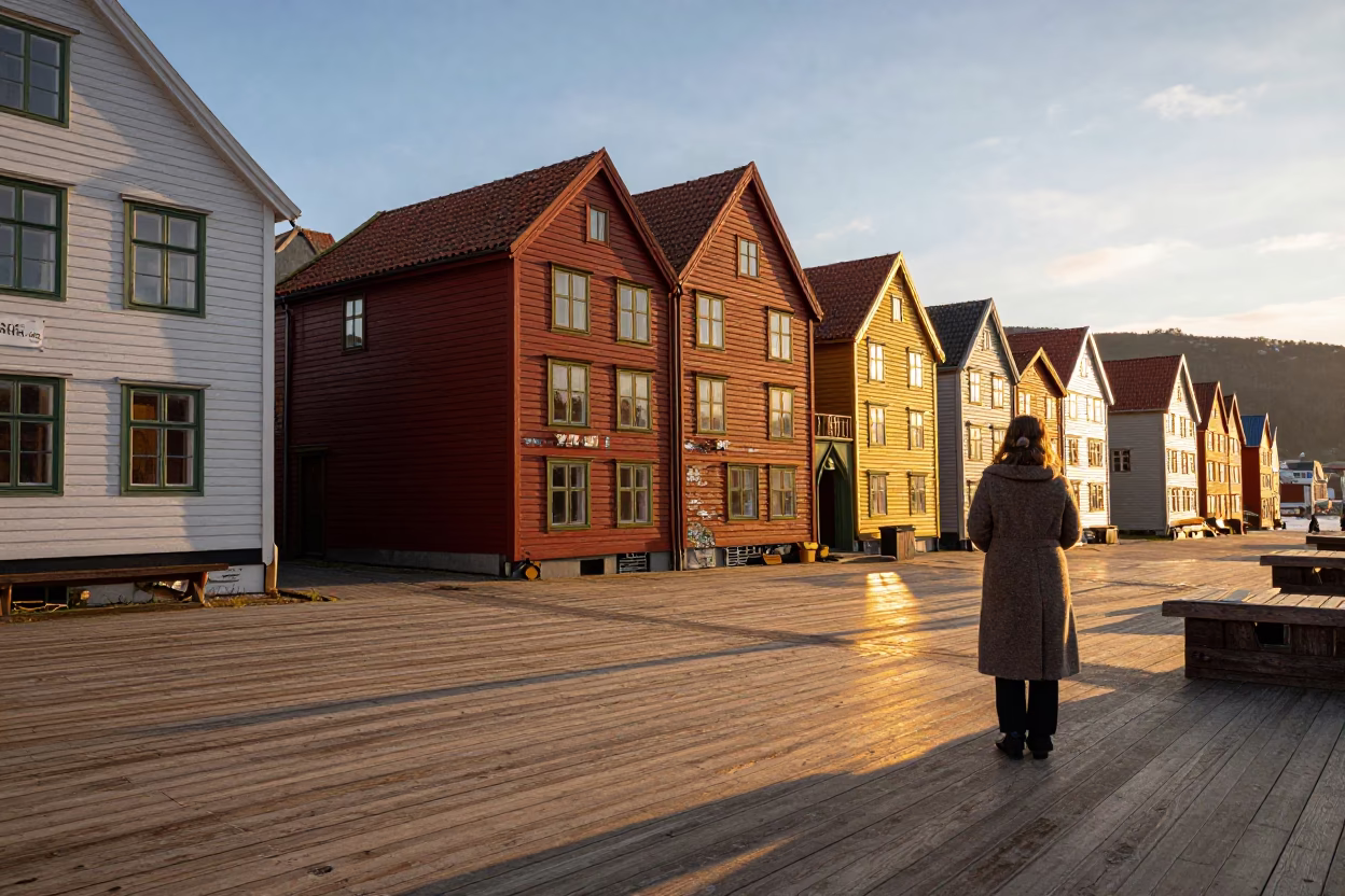 Light Falls in Bergen at Golden Hour in in Bergen, Norway