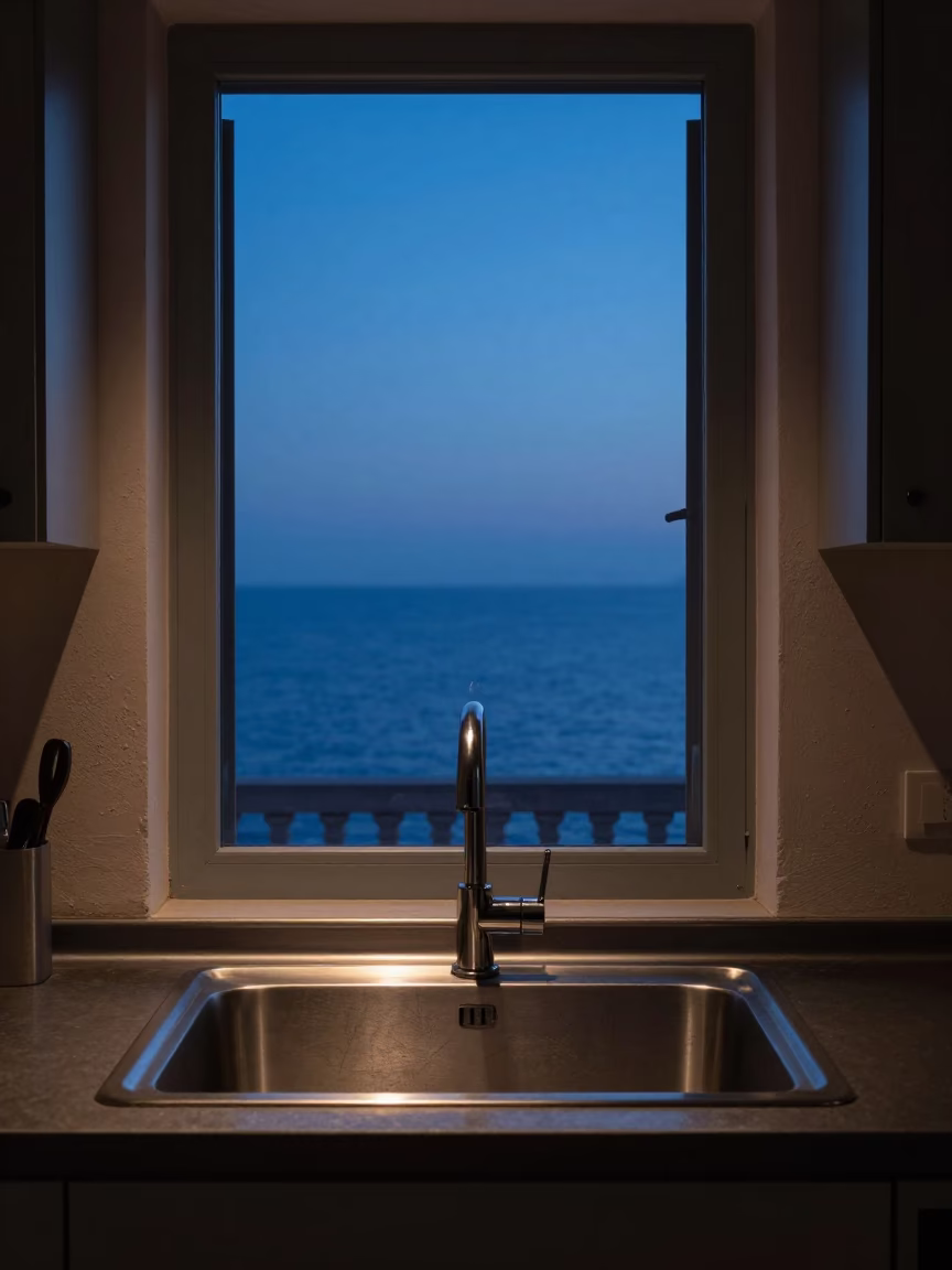 Light Kitchen in Nice at The Still Hours Before Dawn Light in in Nice, France