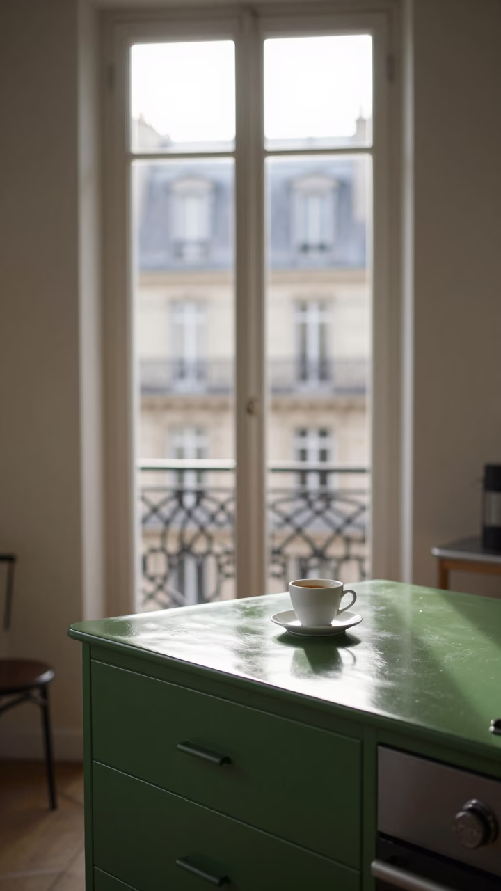 Light Kitchen in Paris at As First Light Reaches The Scene in in Paris, France