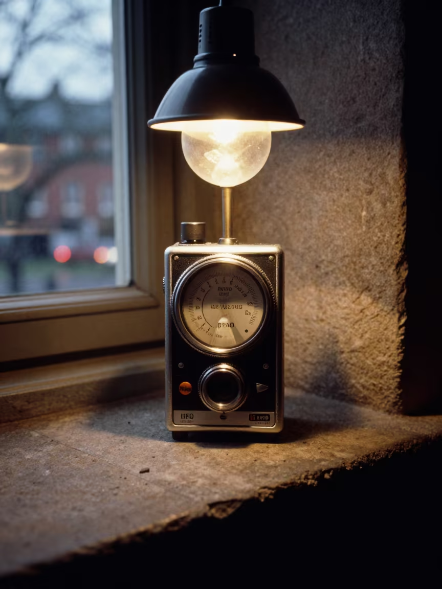 Light Meter on Stone Ledge Under Archival Lamp in on a stone ledge near Portsmouth