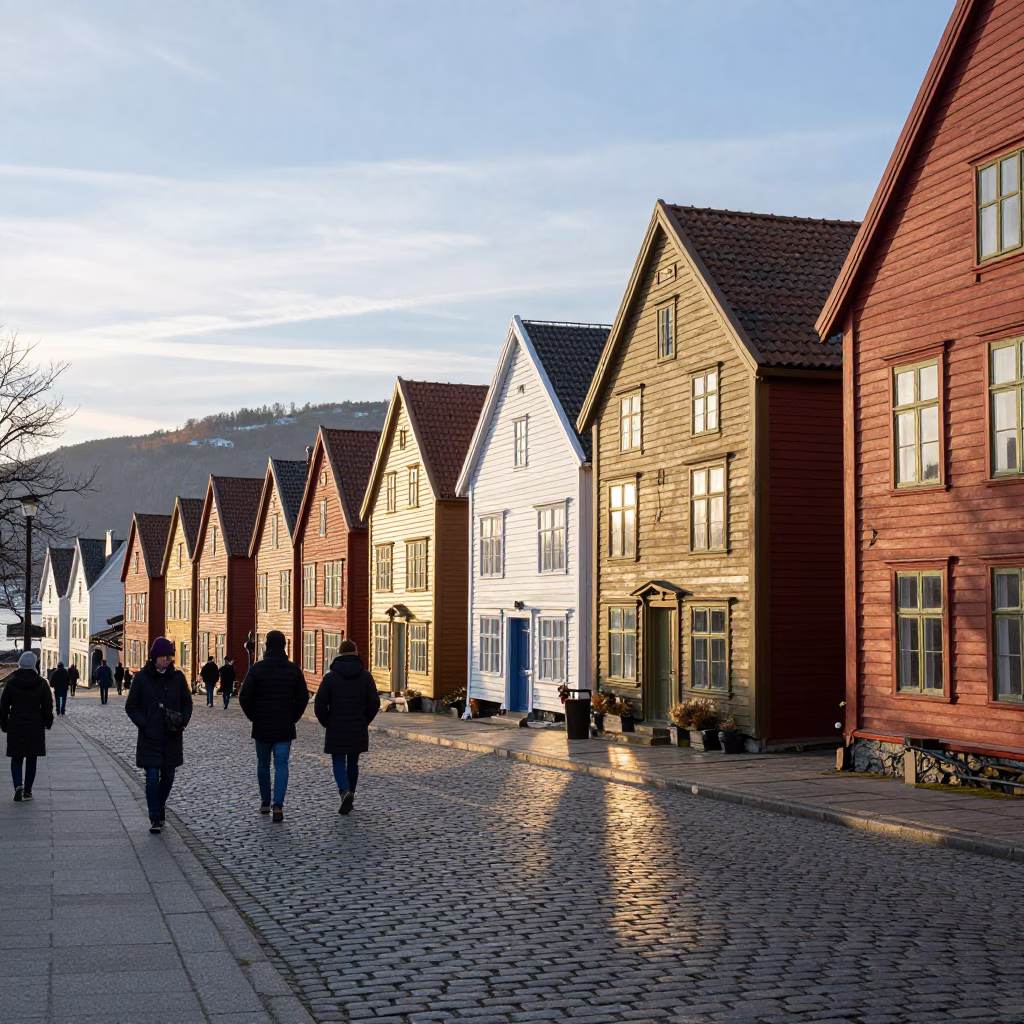Light Morning in Bergen at As First Light Reaches The Scene in in Bergen, Norway