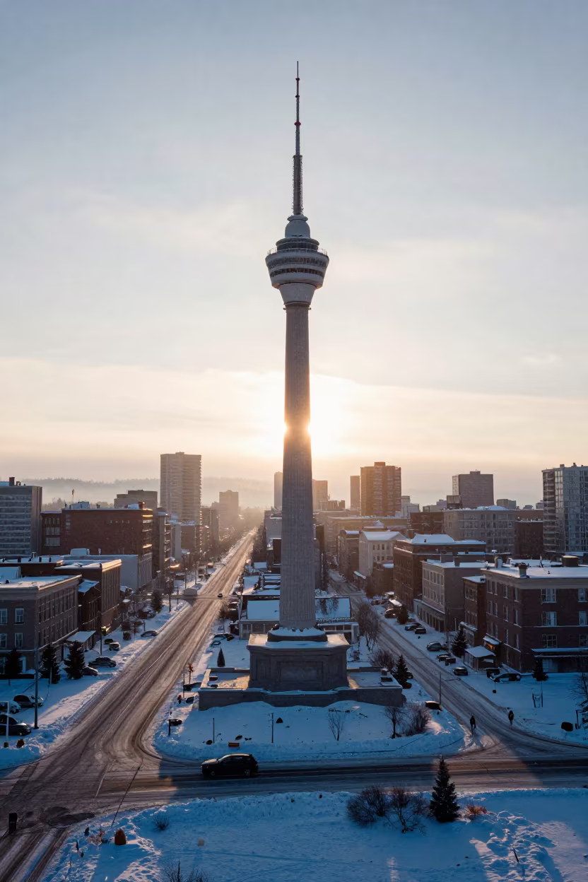 Light Pillar Rising Over Frozen Alberta City at Dawn in in Alberta