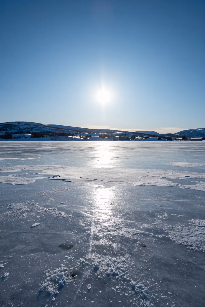 Light Pillar Rising Over Frozen Oslo Plain in across a storm-bright plain near Oslo