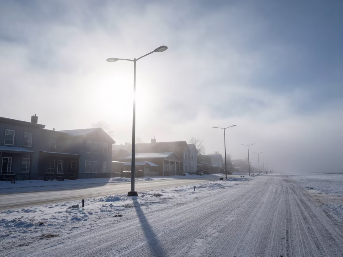 Light Pillars Rise Over Frozen Ontario Town in beneath fast-moving cloud bands in Ontario