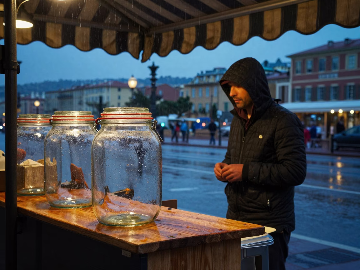 Light Rain Dusk in Nice France Street Vendor Glass Jar and Bottle in in Nice, France