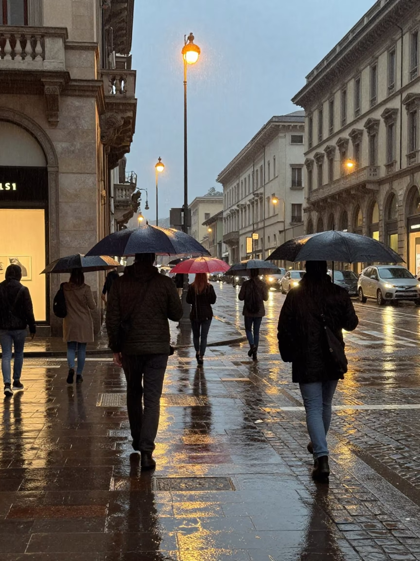 Light Rain Dusk Milan Street Scene with Umbrellas and Cobblestones in in Milan, Italy