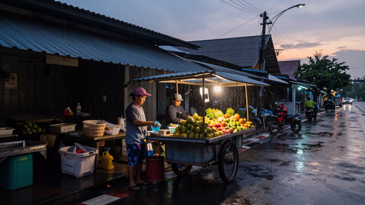 Light Rain Dusk Street Scene in Phuket Thailand with Local Vendor in in Phuket, Thailand