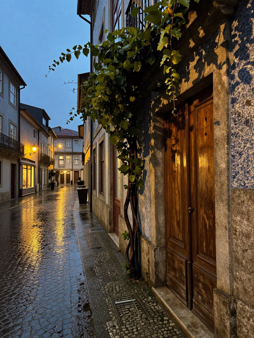 Light Rain Dusk Street Scene Porto Portugal with Vine and Hinge in in Porto, Portugal
