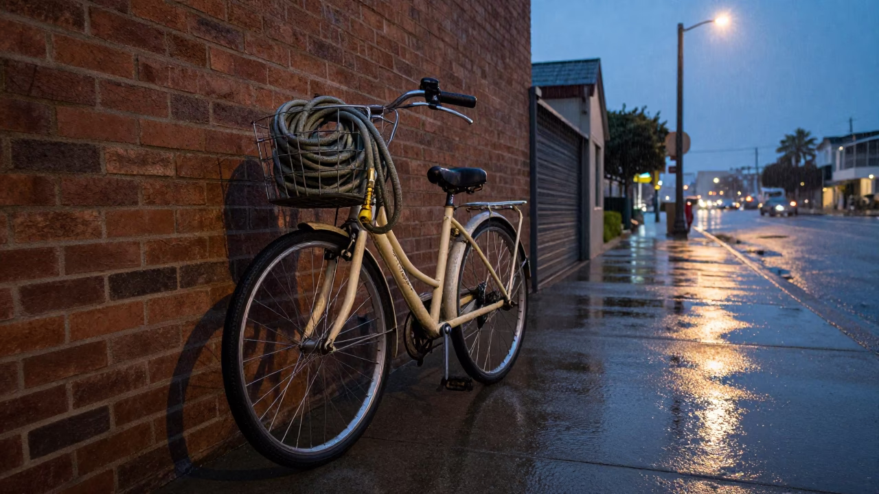 Light Rain Dusk Street Scene San Diego Bicycle Basket and Hose Nozzle in in San Diego, California, United States