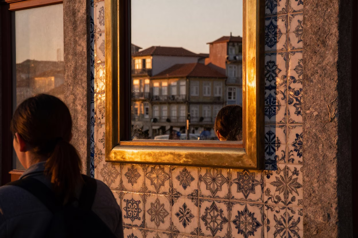 Light Reflecting at Copper-toned Light Before Dusk in Porto in in Porto, Portugal