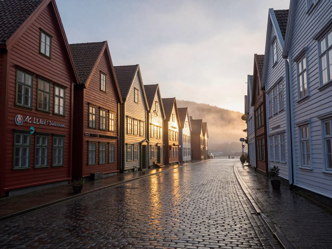 Light Reflecting in Bergen at First Light Of Dawn in in Bergen, Norway