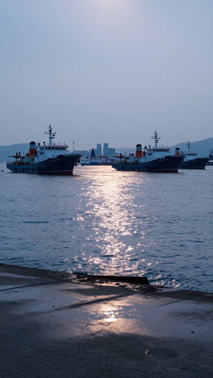 Light Reflecting in Busan at Nautical Dawn Light in in Busan, South Korea