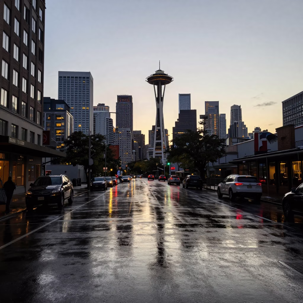Light Reflections at As First Light Reaches The Scene in Seattle in in Seattle, Washington, United States