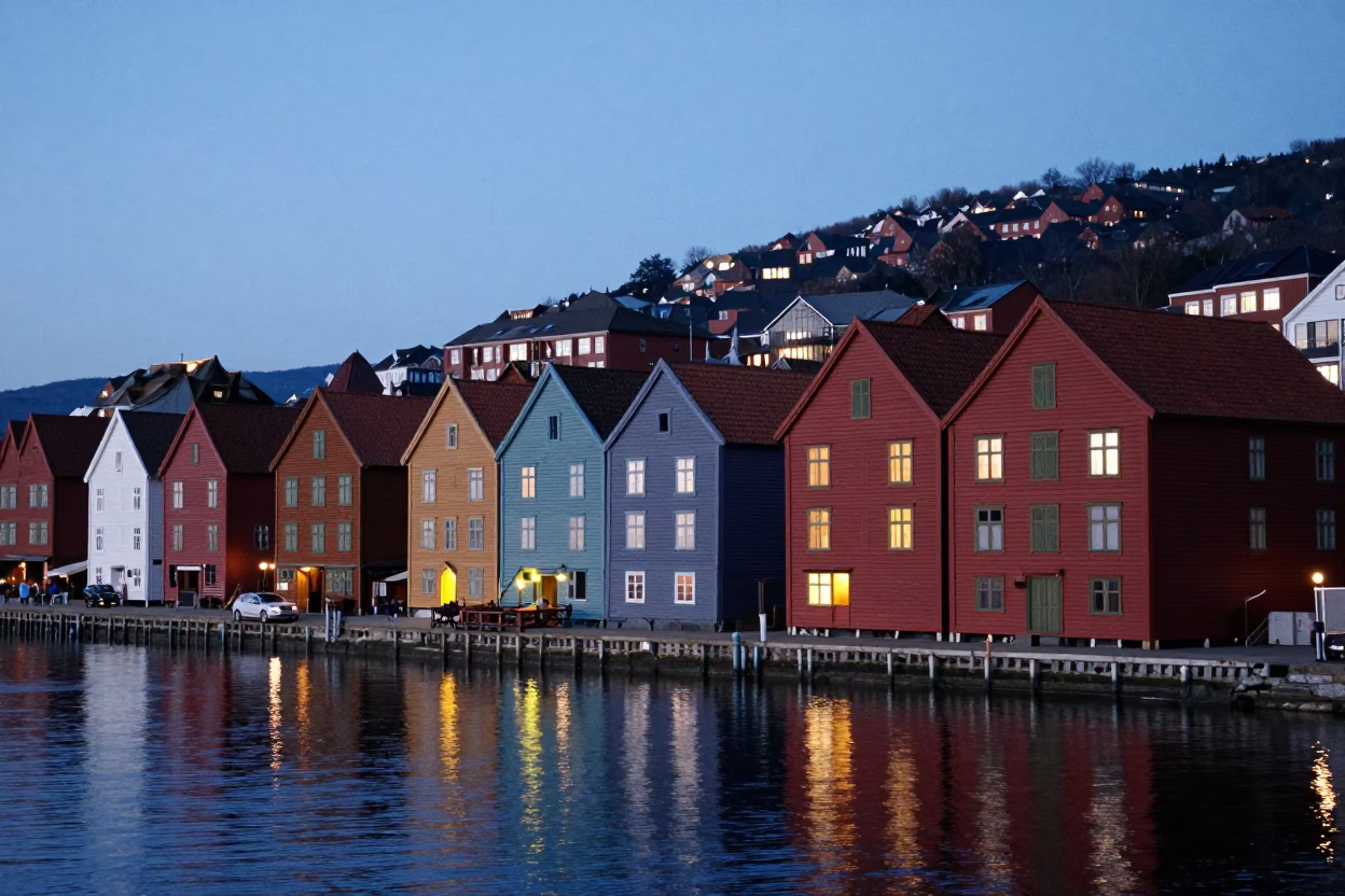 Light Reflects in Bergen at As City Lights Begin To Glow in in Bergen, Norway