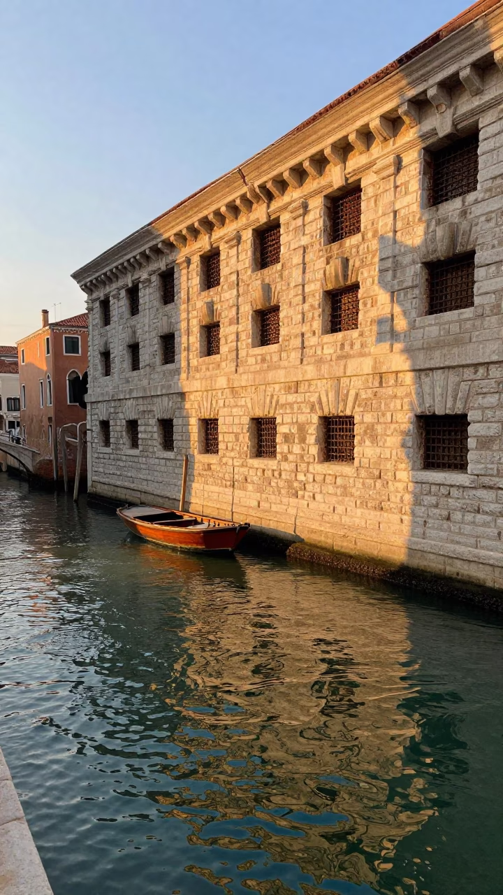 Light Reflects in Venice at Honeyed Evening Light in in Venice, Italy