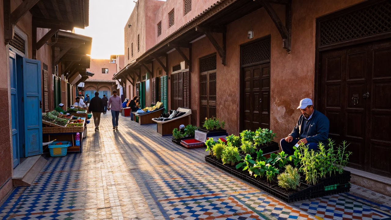 Light Souk in Marrakech at Nautical Dawn Light in in Marrakech, Morocco