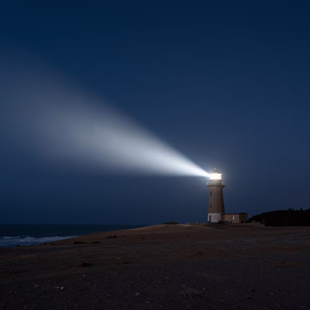 Lighthouse Beam Cuts Night Fog Desert Escarpment in beneath a wind-cut desert escarpment near Durban