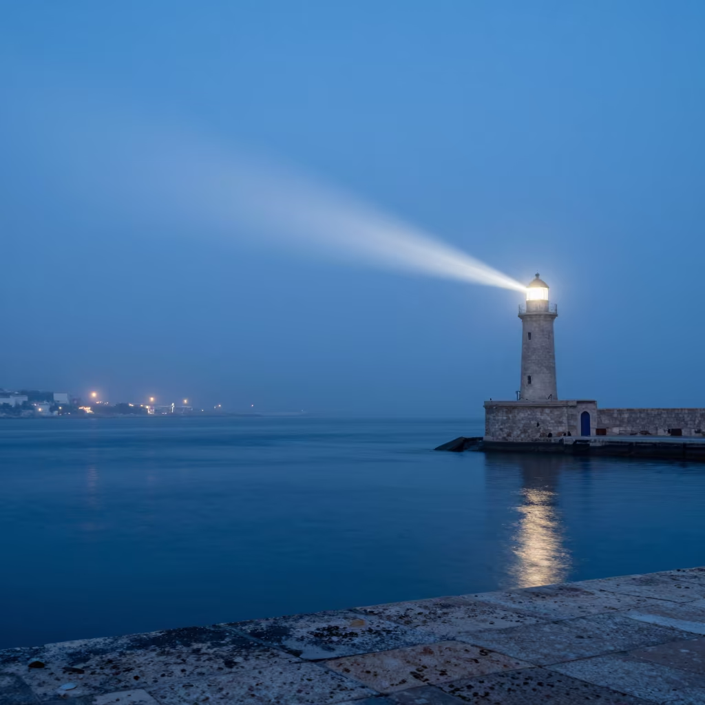 Lighthouse beam cuts winter fog over harbor in beside a lantern-dotted harbor near Sidi Bel Abbès