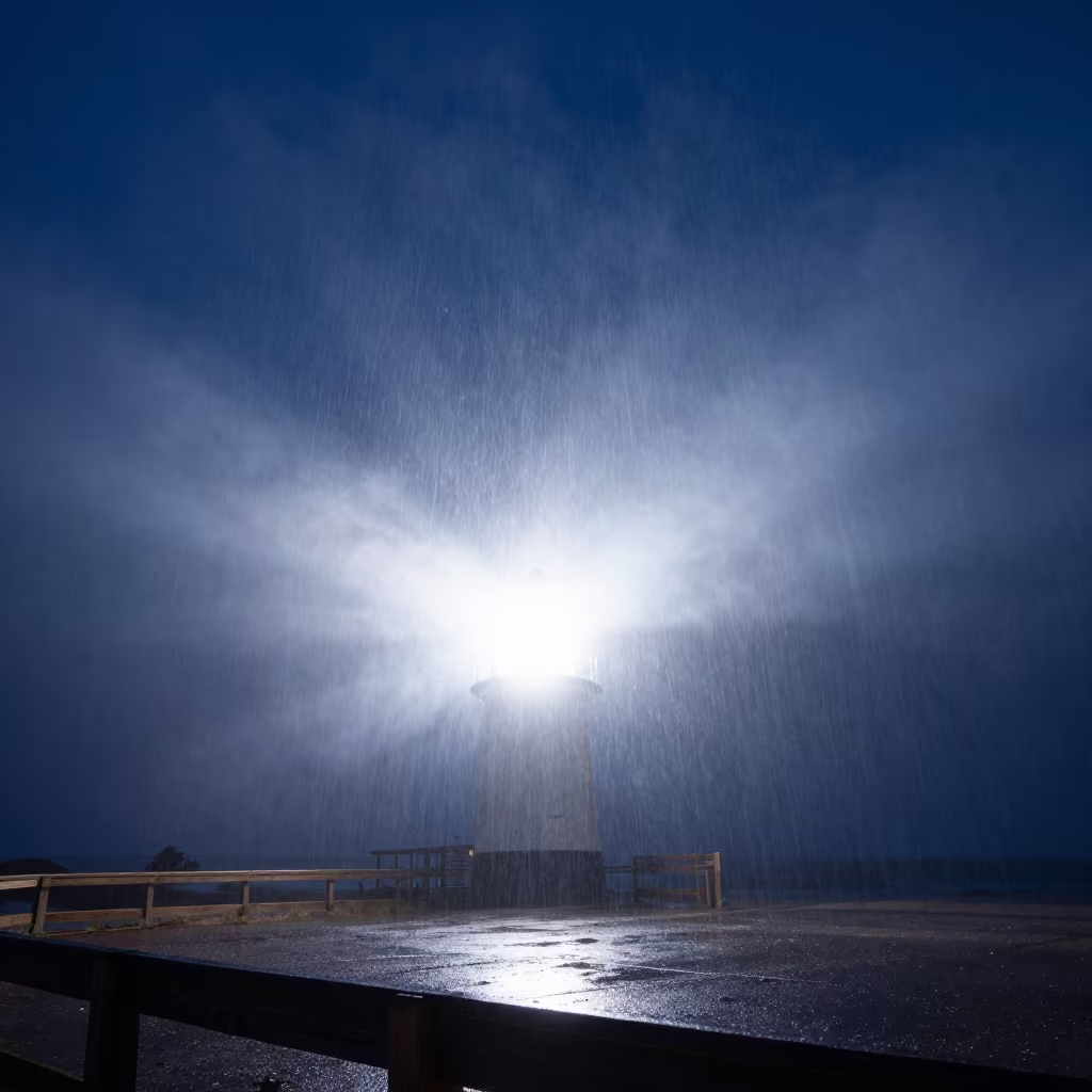 Lighthouse Beam Cuts Winter Fog Night in beneath thin cloud gaps and stars in New Mexico