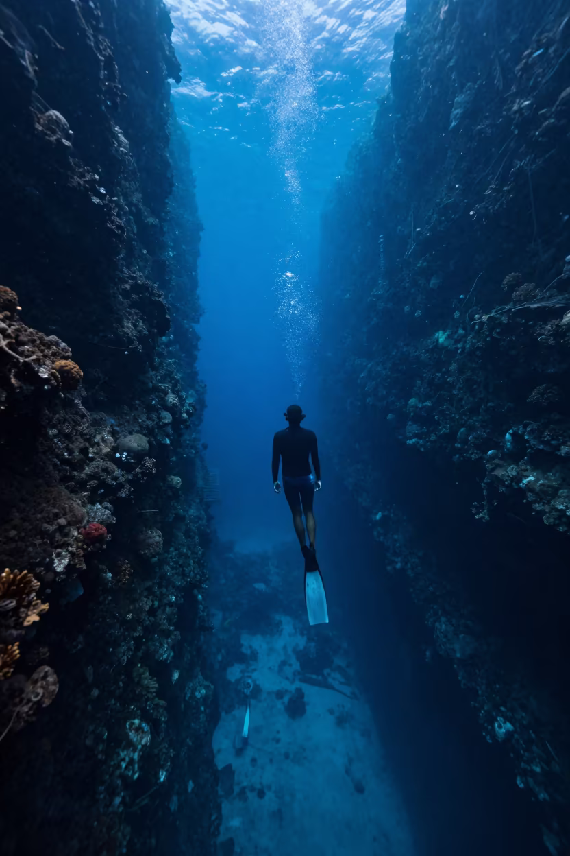 Lighthouse Beam Lights Freediver Reef Wall Stone Town in beneath a reef ledge in tropical shallows near Stone Town