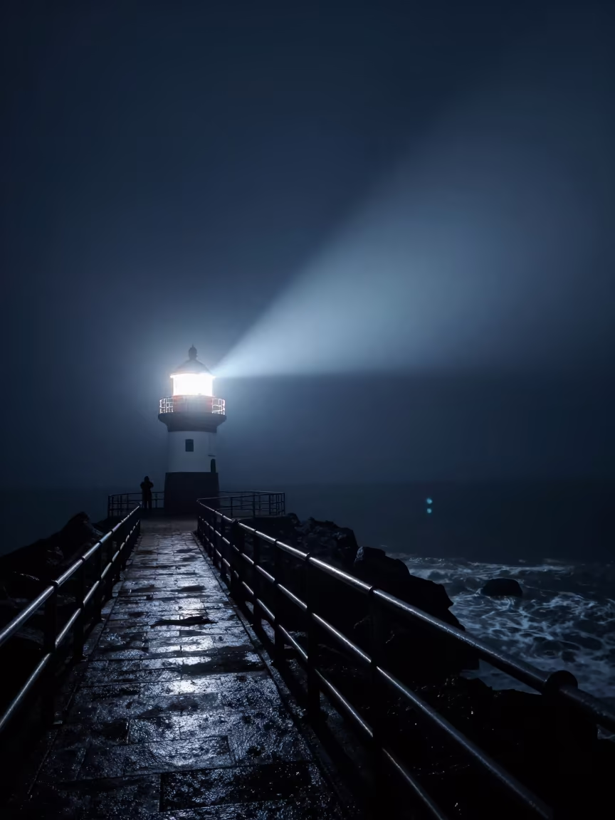 Lighthouse Beam Pierces Sea Fog at Night in from a frost-hushed ridgeline near Mumbai
