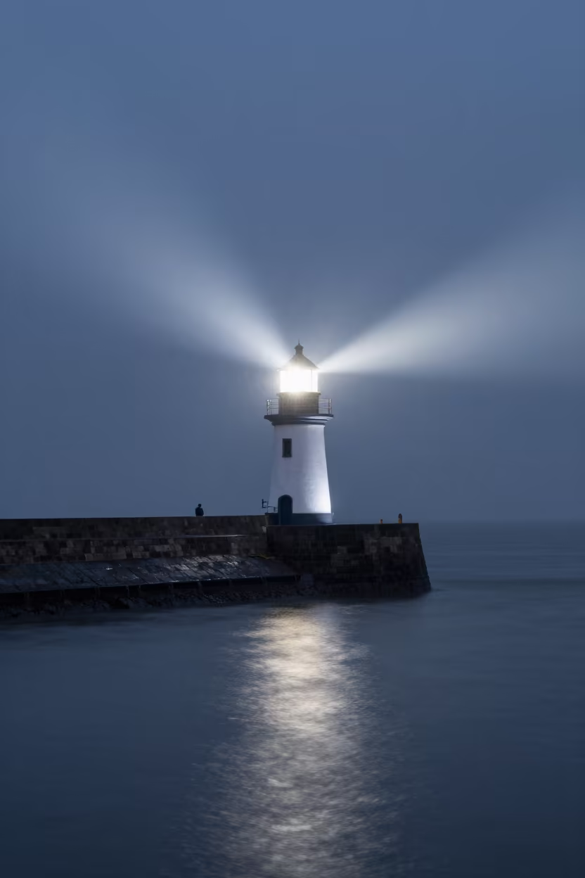 Lighthouse Beam Sweeping Fog Breakwater Night in from a moonlit breakwater near Eluru