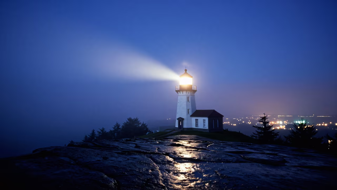 Lighthouse Beam Sweeping Fog at Twilight in from a quiet alpine saddle in Indiana