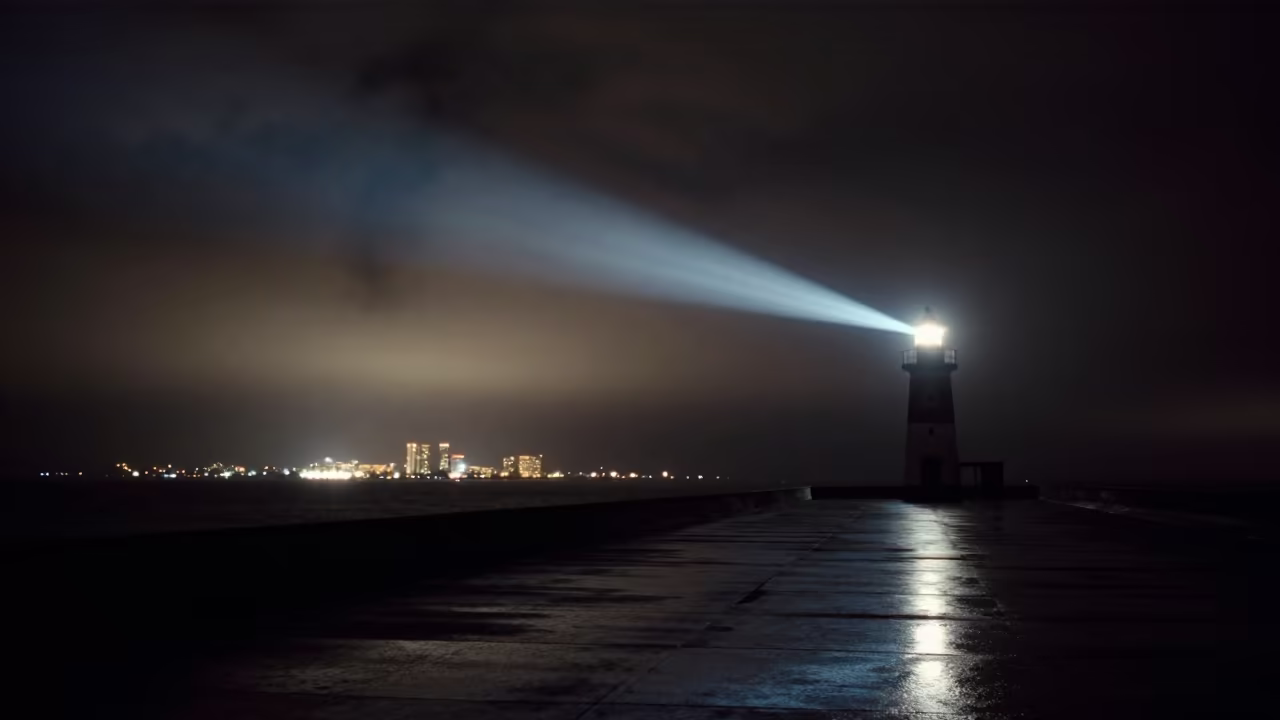 Lighthouse Beam Sweeping Foggy Coastline Duran in beneath a dark-sky overlook near Durán