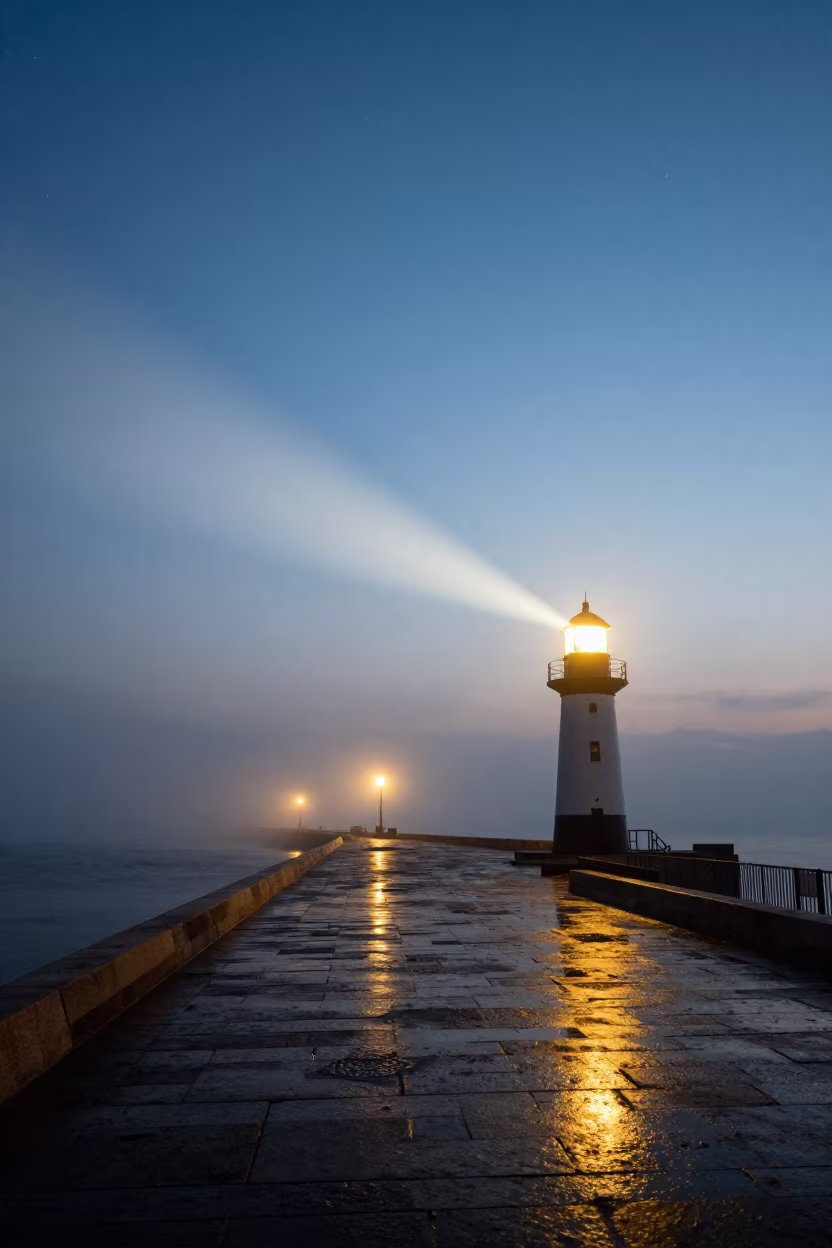 Lighthouse Beam Sweeping Over Foggy Harbor in beside a lantern-dotted harbor near Pyongyang