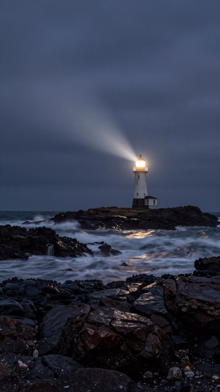 Lighthouse Beam Sweeping Rocky Shoreline Night in along a wave-cut shoreline near Pretoria